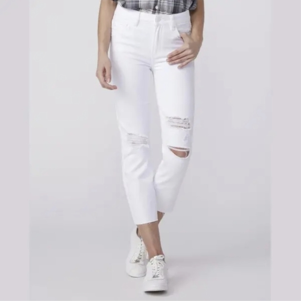 PAIGE Hoxton Cropped Jeans in White Hot Destructed.